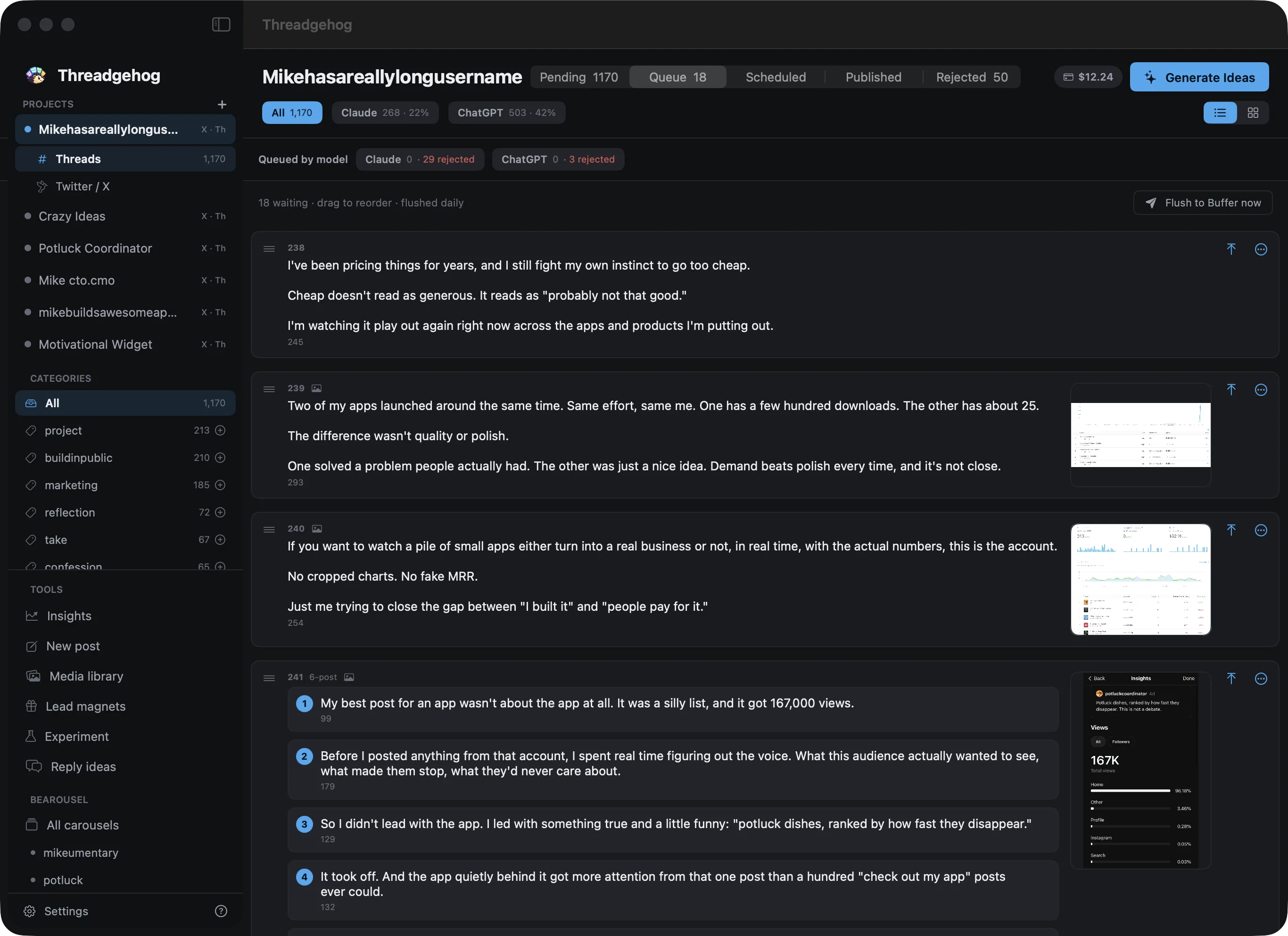 Threadgehog's main window: Mike's projects in the sidebar, the Pending, Queue, Published and Rejected tabs, the Generate Ideas button, and his queued posts.