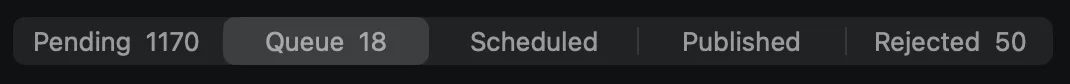Threadgehog's queue tabs: Pending 1170, Queue 18, Scheduled, Published, and Rejected 50.