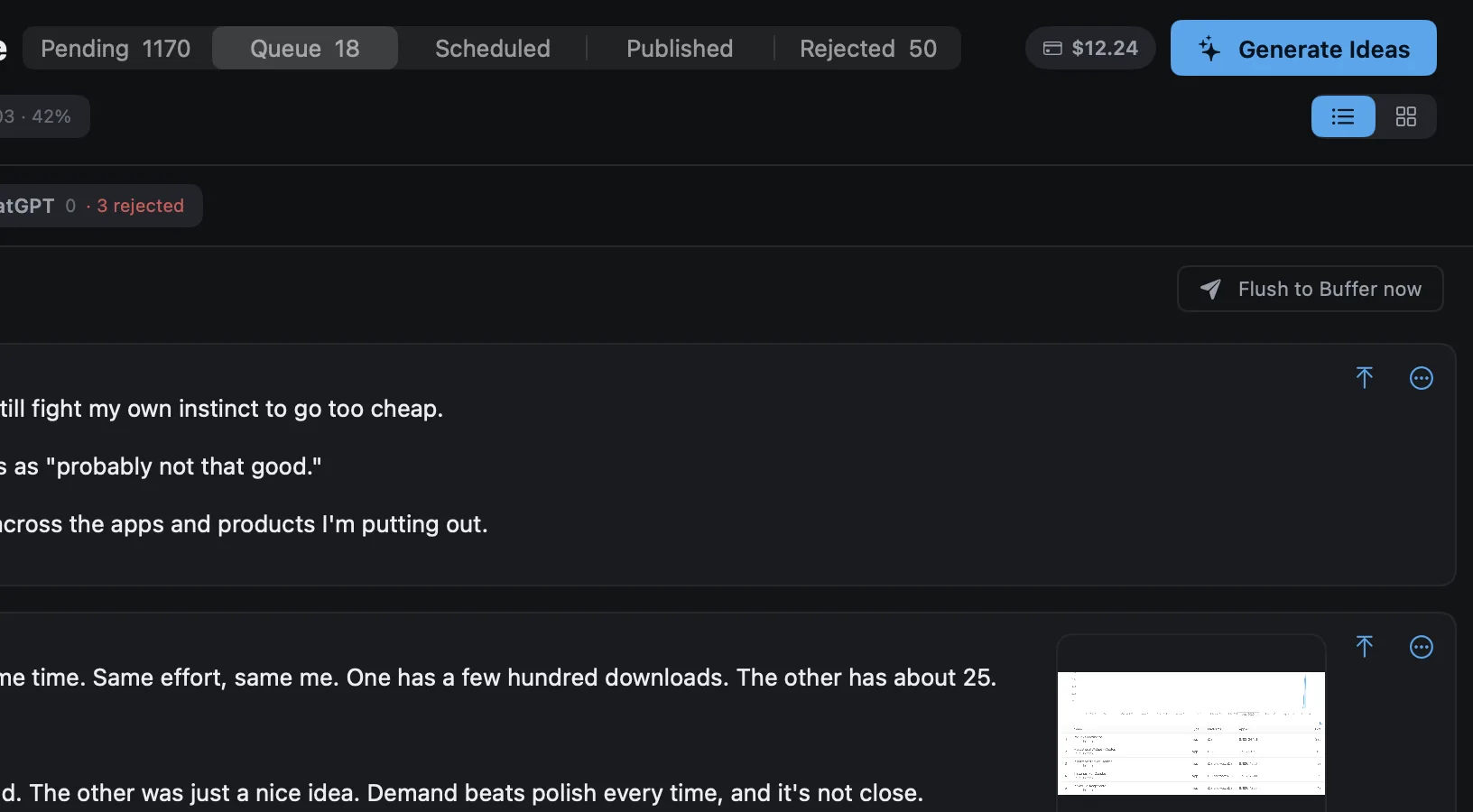 The top of Threadgehog's main window with the Generate Ideas button, the queue tabs and the first queued posts.