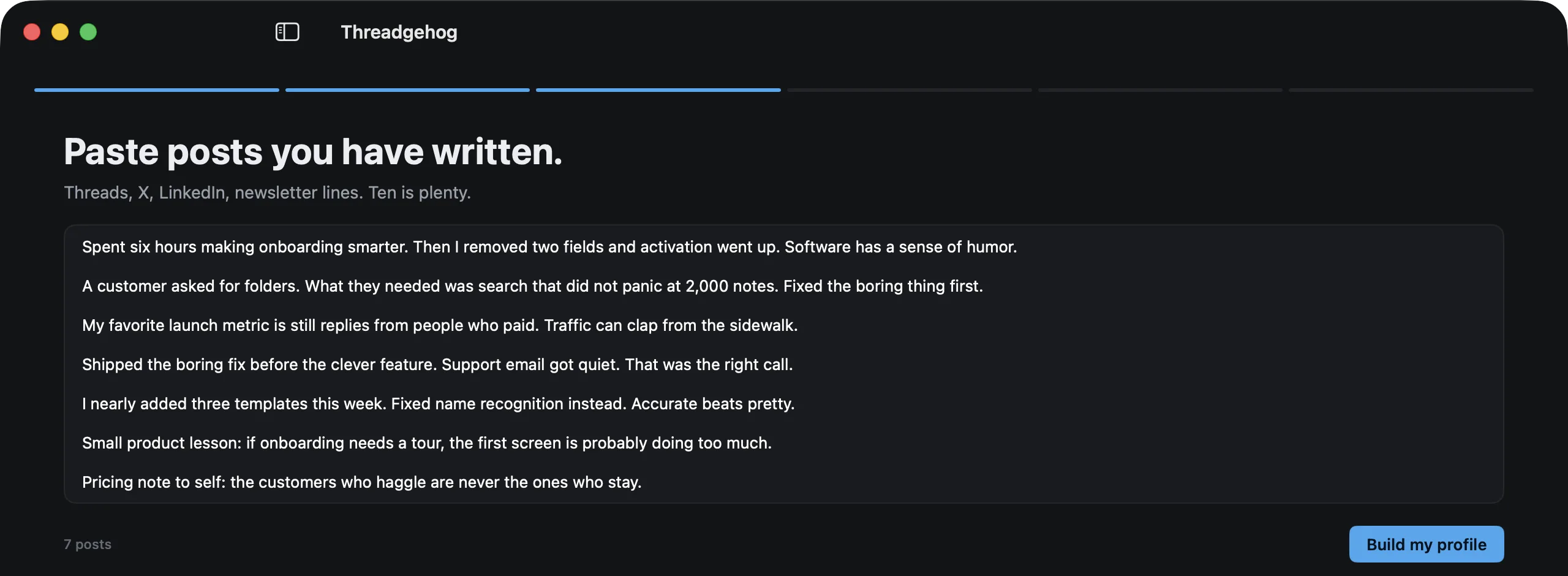 Threadgehog's Paste posts you have written screen with seven pasted posts.