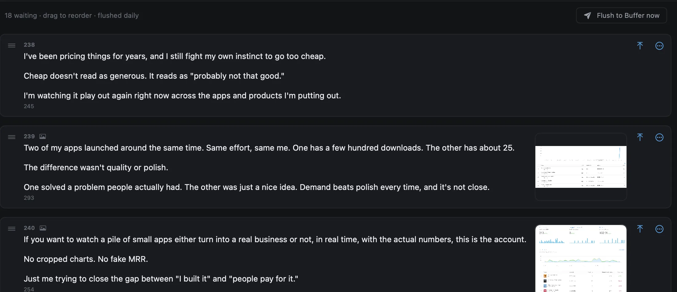 Threadgehog's queue: 18 posts waiting, with a Flush to Buffer now button above three queued posts.