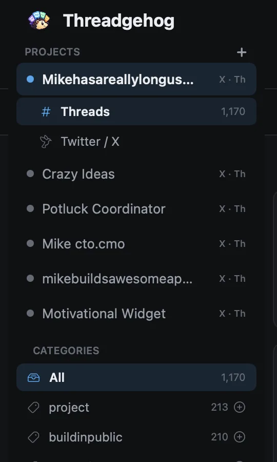 Threadgehog's sidebar with six projects, each marked X and Threads, and categories with post counts.