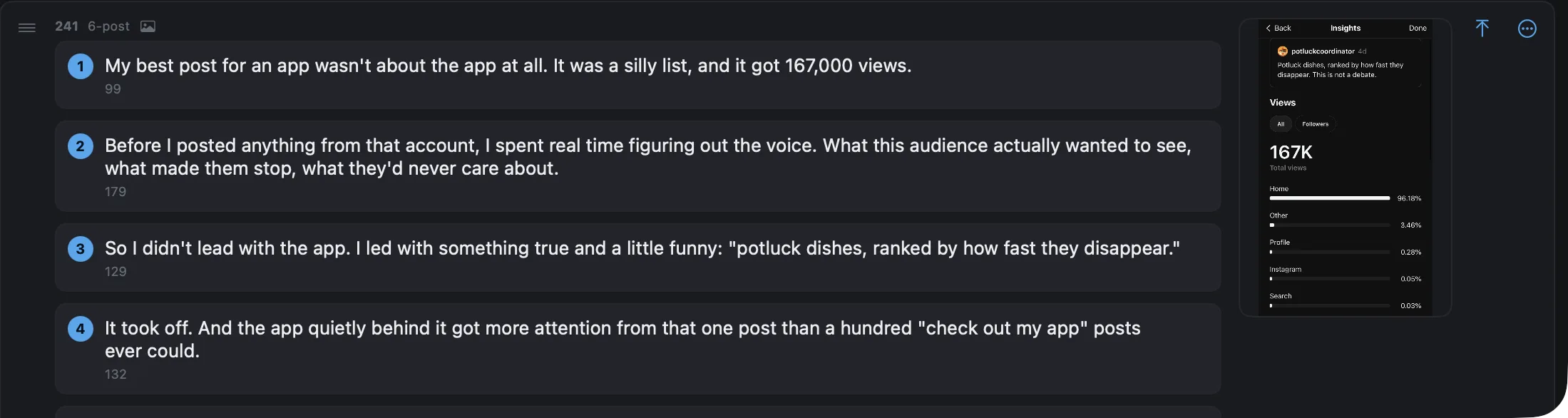 A six-post thread in Threadgehog's queue, each post numbered, with an Insights screenshot attached.