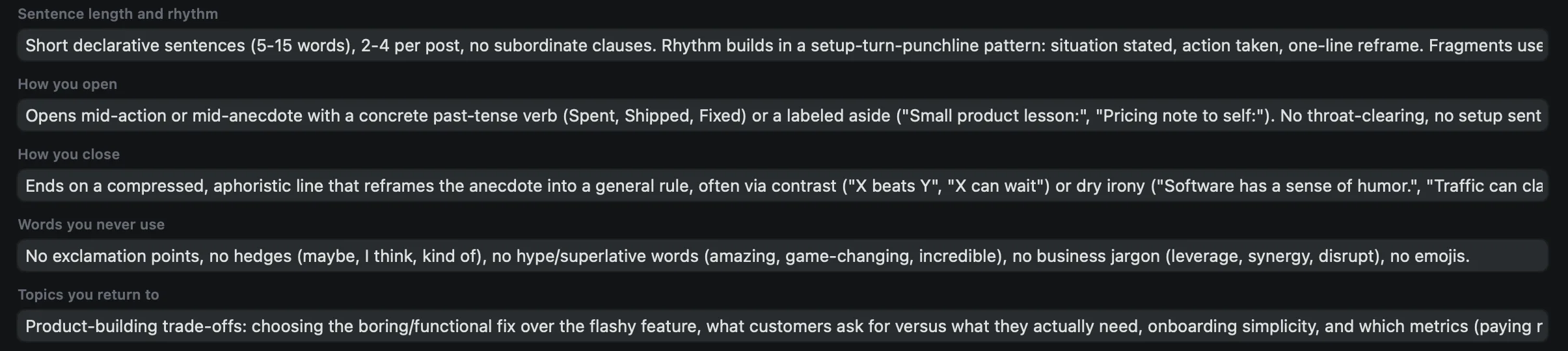The voice profile Threadgehog built: sentence length and rhythm, how you open, how you close, words you never use, topics you return to.